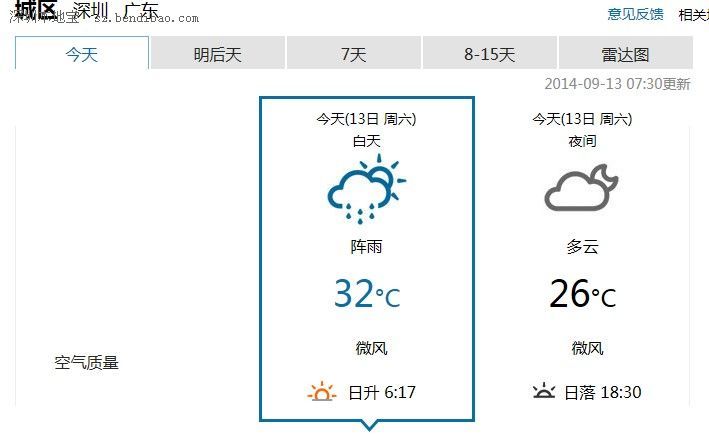 深圳天氣（9.13）：陰天間多云 有分散陣雨