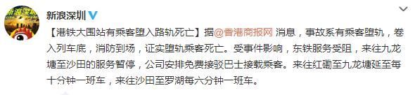 港鐵大圍站乘客墮軌身亡 東鐵服務受阻