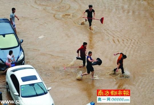 東莞降暴雨街道一片汪洋 市民街頭抓魚